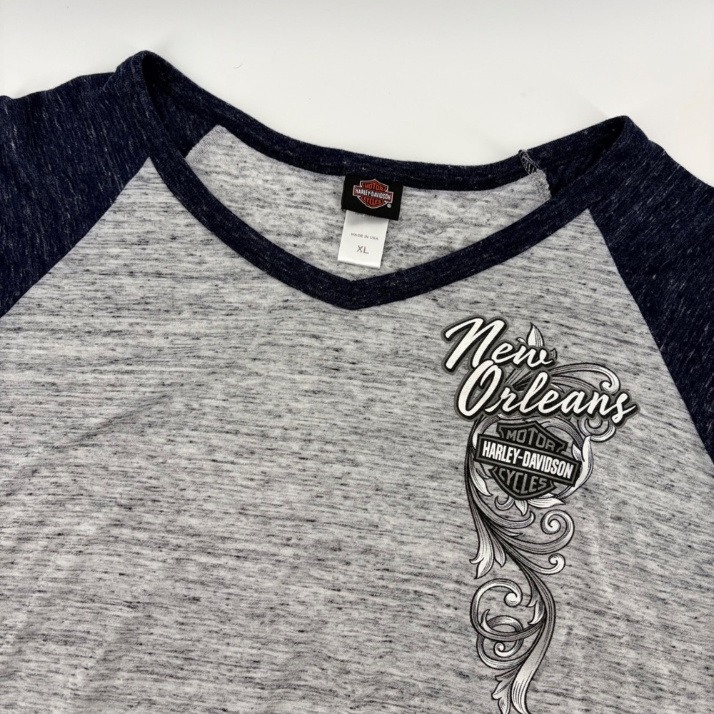 Harley Davidson New Orleans Raglan T-Shirt XL Gray Navy Blue V-Neck Made in USA